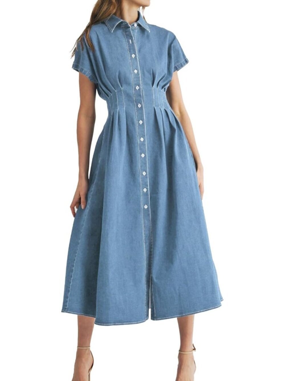 Women's Blue Summer Denim Shirt Dress Lapel V Neck Short Sleeve Midi Jean Dress